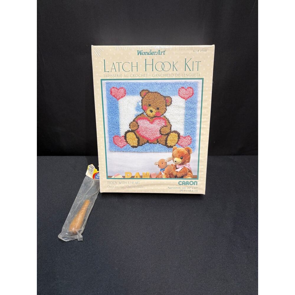Vintage Wonder Art Latch Hook Kit & Boye Tool Teddy With a Heart Caron